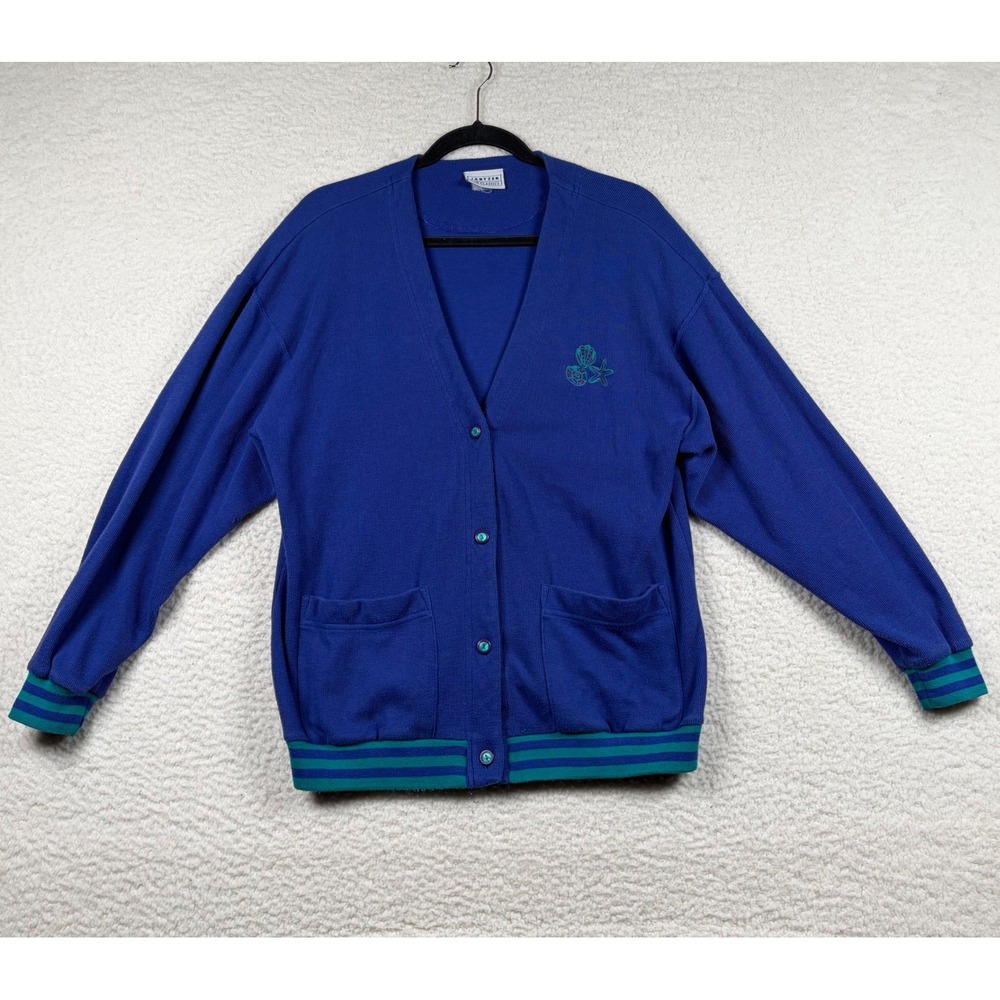 Jantzen Cardigan Womens Vintage Coastal Shell Embroidered Blue L Varsity Preppy
